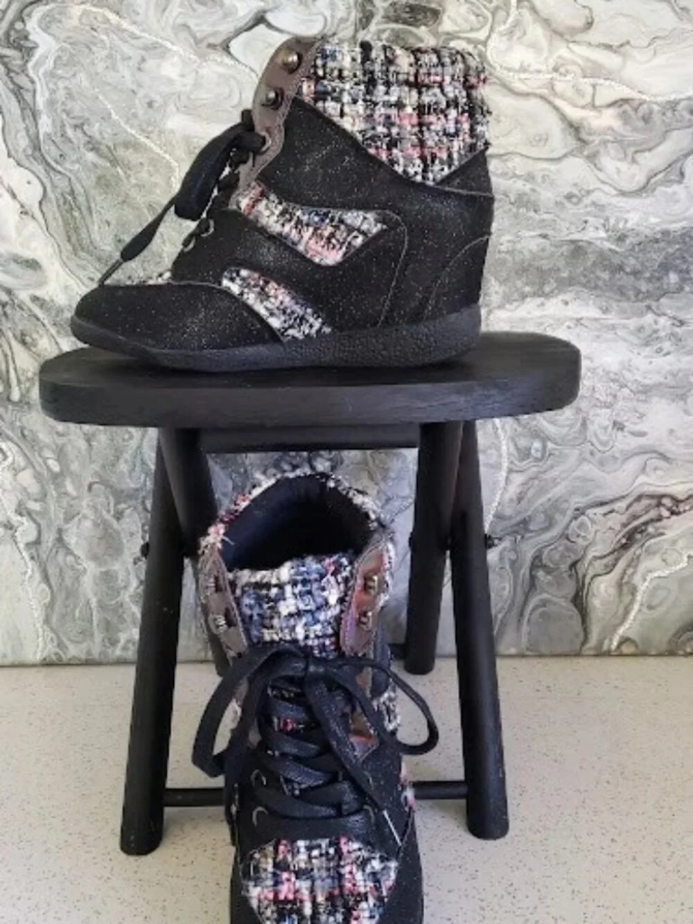 Bamboo Women's Tweed High Top Lace Up Black Wedge Sneakers Size 5.5